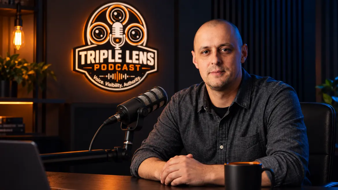 Constantin Malanciuc recording the Triple Lens Podcast in a dark studio
